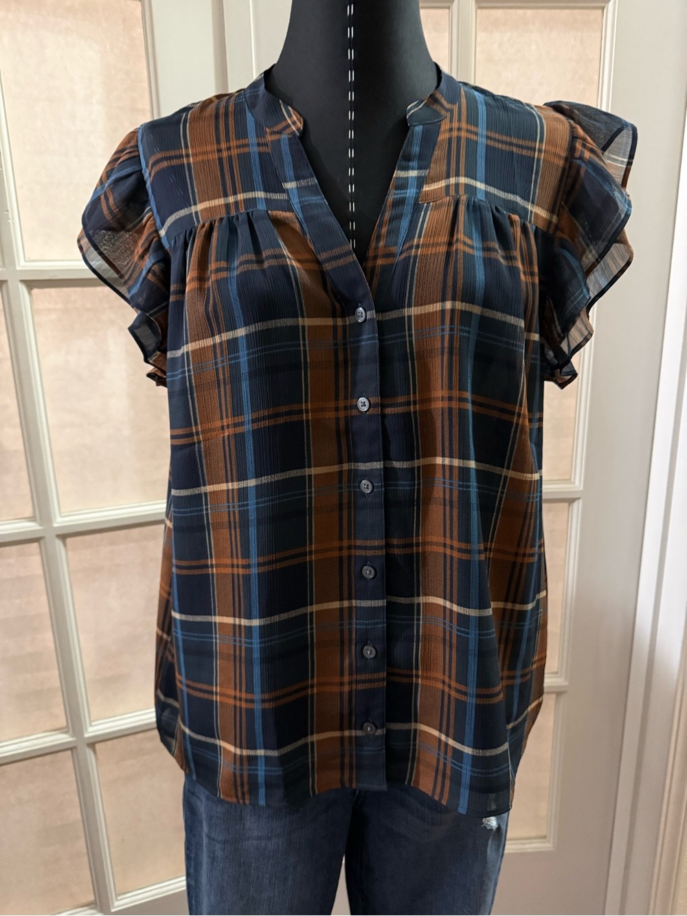 LOFT Navy and Brown Plaid Button-Front Flutter Sleeve Blouse